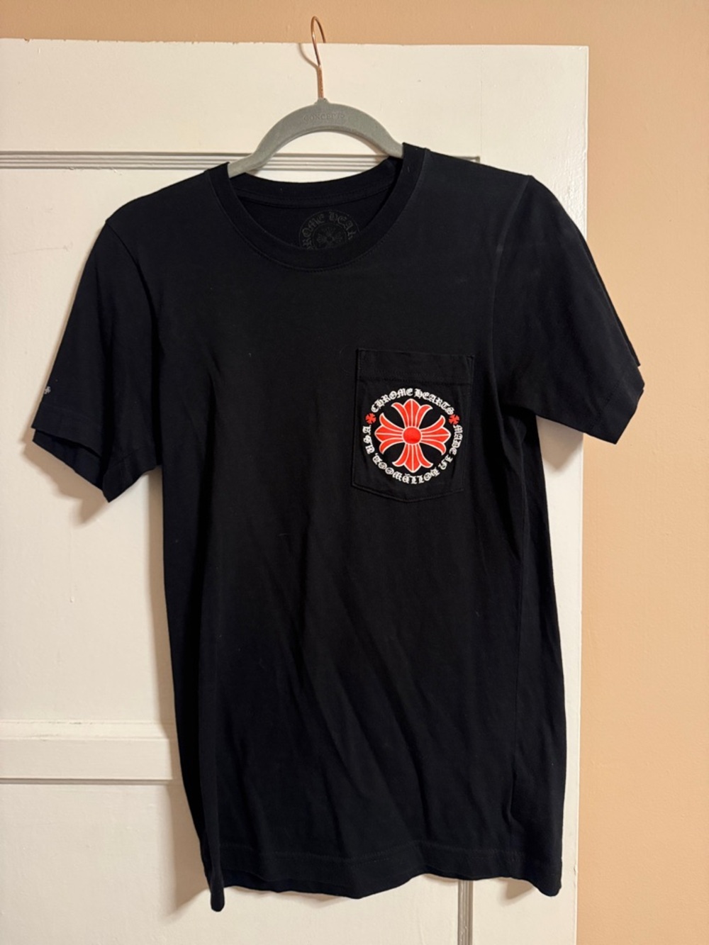 Chrome Hearts Black Short Sleeve Pocket Tee with Red Chest Emblem